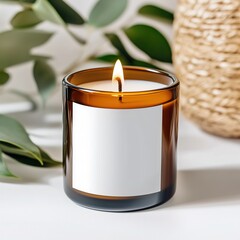 Amber glass candle jar mockup, cylindrical amber candle with blank label, candle burning, cozy sunny bright home interior decor