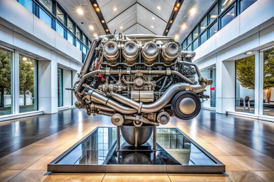 high-dynamic-range photograph of monumental motor v8 engine in modern museum with sleek architecture and abstract art pieces