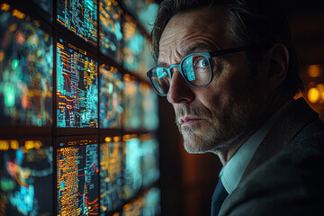 A cybersecurity expert analyzing network security data on multiple screens, showcasing the importance of technology in protecting digital information.
