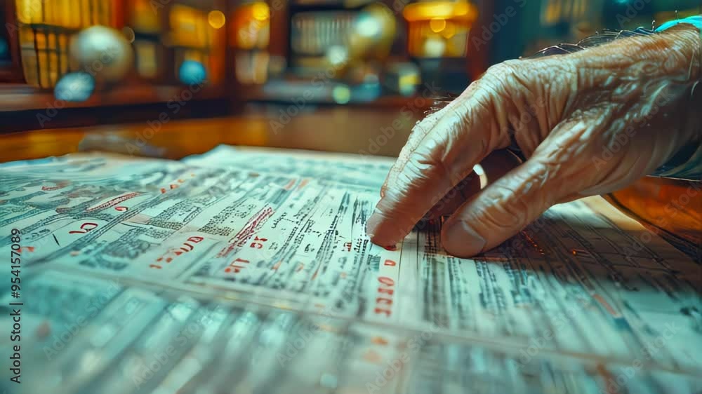 Poster a close-up of a hand pointing at a document, highlighting a list with red check marks and details in