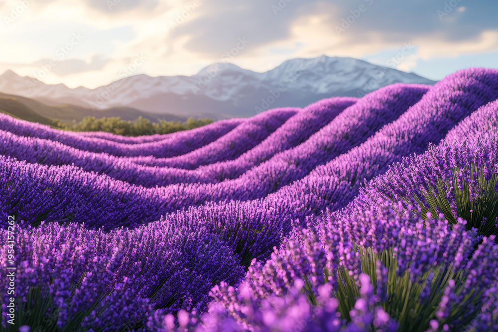 Poster a blooming field of lavender with rows of purple flowers stretching to the horizon, illustrating the