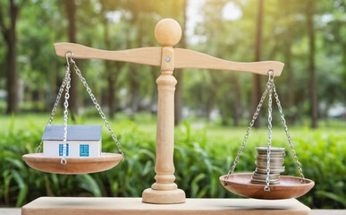 Home and money bag put on the scales with balance put on the wood