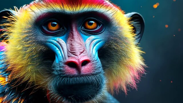 Close-up of colorful mandrill in a dark backdrop, vibrant wildlife portrait. Exotic animal and nature concept