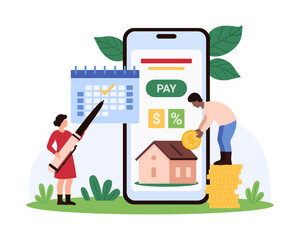 Monthly mortgage payment for family house, real estate loan plan. Tiny people check payday for property in calendar, pay for house with reminder on smartphone screen cartoon vector illustration
