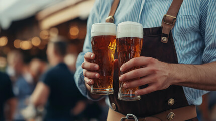 Oktoberfest, Munich, Germany. Waiter serve beer, closeup view. Man in traditional Bavarian costume advertising photo, space for text