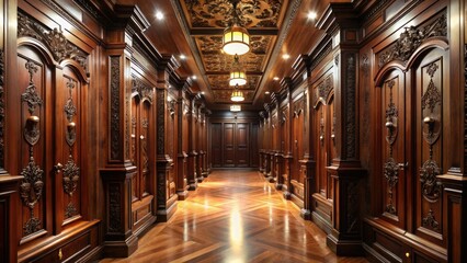 rich dark wood lockers with ornate carvings luxurious classic traditional refined elegant formal sharp high-contrast formal evening corridor ambiance