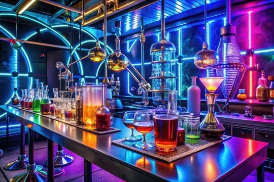 Retro futuristic space-age cocktail laboratory with neon lights and futuristic equipment showcasing innovative molecular mixology and avant-garde bartender techniques