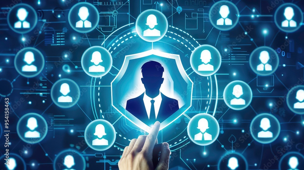 Poster hand pointing at a protected profile icon on a futuristic digital network.