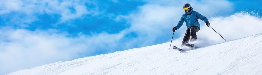 A skier wearing a blue jacket carves down a steep, snowy slope under a bright blue sky, capturing the thrill of alpine skiing in winter.