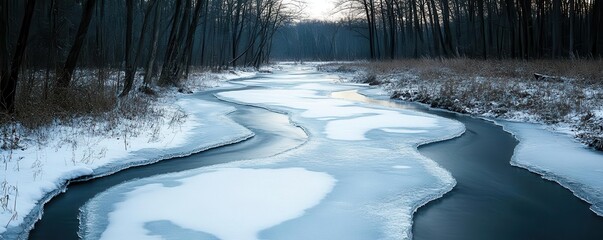 A peaceful winter landscape featuring a partially frozen river winding through a forest with snow-covered banks and leafless trees.