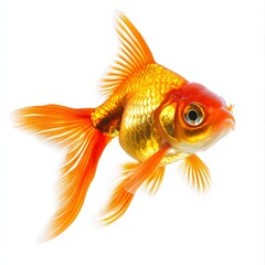 A gold and orange fish with a black eye is swimming in a tank