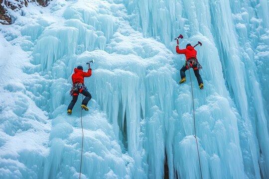 Pair of ice climbers in red jackets ascending a massive frozen wall, showcasing extreme winter sports, adventure, and endurance in icy conditions.