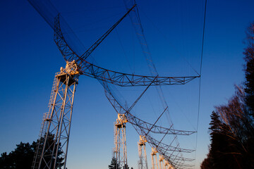 Antenna Array. A long row of radio telescopic antennas at the sunset