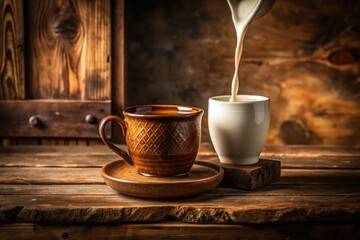 Velvety smooth milk flowing into an antique ceramic mug on a distressed wooden shelf against a soft focus blurred background with warm earthy undertones.