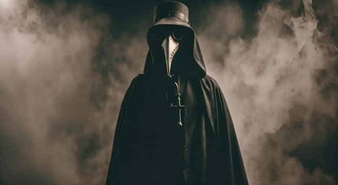 scary spooky plague doctor on dark smoky background