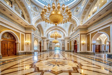 Fototapeta premium Icy white marble floors adorned with intricate geometric inlays, juxtaposed with ornate chandeliers, lavish furnishings, and majestic archways, evoking opulence, luxury, and sophistication