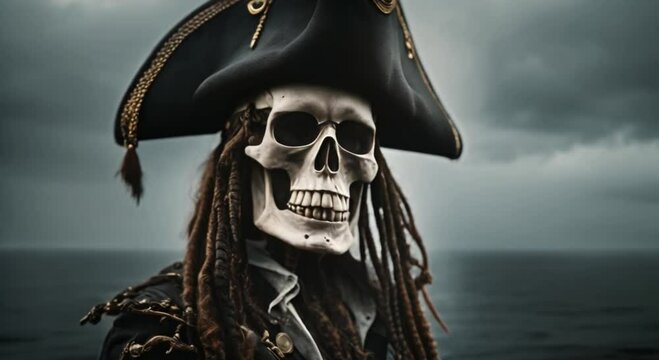 scary skeleton pirate captain on dark foggy ocean background
