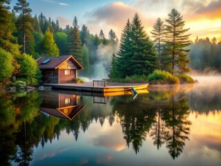 Fototapeta premium Misty dawn breaks over a secluded lakeside cabin with a wooden dock and vintage canoe, surrounded by calm waters and lush forest reflections