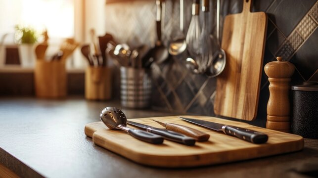 Kitchen Utensils on a Wooden Cutting Board
