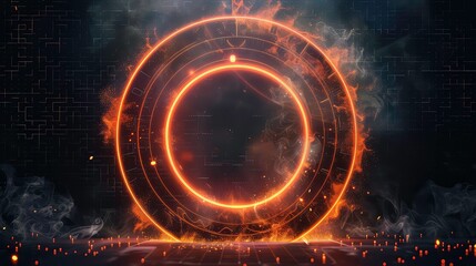 Obraz premium A glowing golden circle with smoke and lights behind it on a dark background.