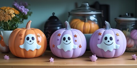 Obraz premium a pink, purple, orange, and white painted pumpkin with a ghost face, hearts, and stars drawn on it in pastel colors. fun Halloween themed party decorations