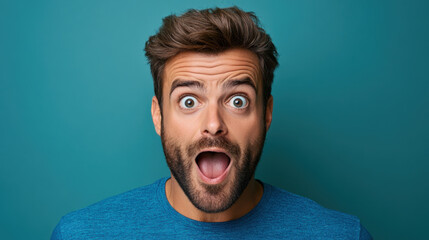 Portrait of a young man with a surprised expression, wide eyes, and open mouth, set against a solid teal background.