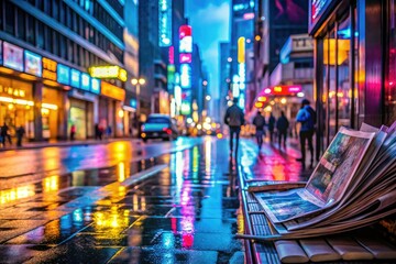 Urban cityscape at dusk, neon lights reflecting off a Rainy sidewalk, open newspapers blowing in the wind, amidst the hustle and bustle of city life.