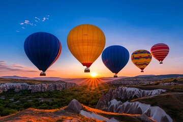 Obraz premium Balloon Hot Air Balloon, Colorful, and Skyward shown in a scenic landscape where a fleet of colorful hot air balloons soars into the morning sky, creating a breathtaking view