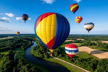 Fototapeta premium Balloon Hot Air Balloon, Colorful, and Skyward shown in a scenic landscape where a fleet of colorful hot air balloons soars into the morning sky, creating a breathtaking view