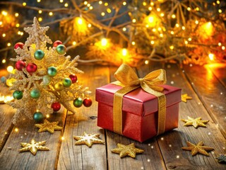 Sparkling snowflake ornaments surrounding vibrant red gift box overflowing with colorful tissues paper under golden twinkling tree lights on rustic wooden table at dawn