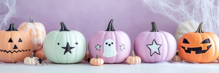 a pink, purple, orange, and white painted pumpkin with a ghost face, hearts, and stars drawn on it in pastel colors. fun Halloween themed party decorations
