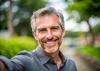 Fototapeta premium Mature man in his 40s with a friendly smile and slightly graying hair takes a casual selfie with a blurred outdoor background.