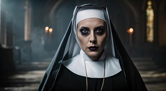 scary zombie nun on dark smoky church background 