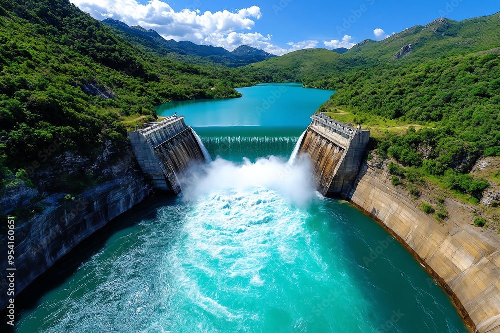 Poster clean energy and hydropower are showcased in a realistic photo of a dam in action, with water cascad