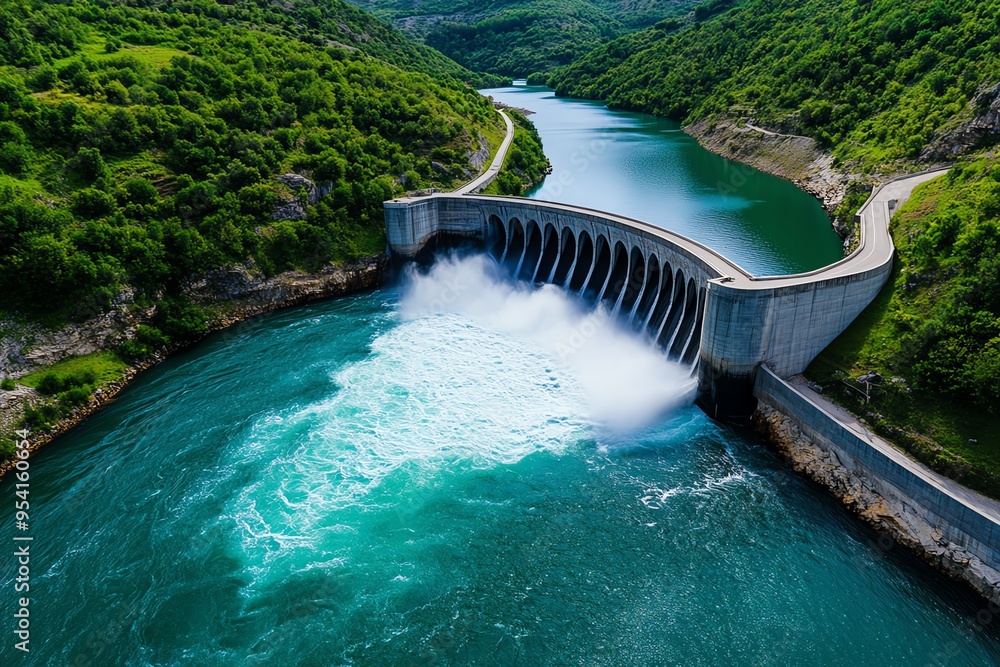 Poster clean energy and hydropower are showcased in a realistic photo of a dam in action, with water cascad