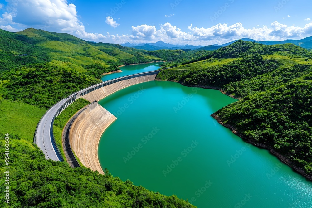 Poster clean energy and hydropower efficiency are captured in a realistic photo of a dam surrounded by lush
