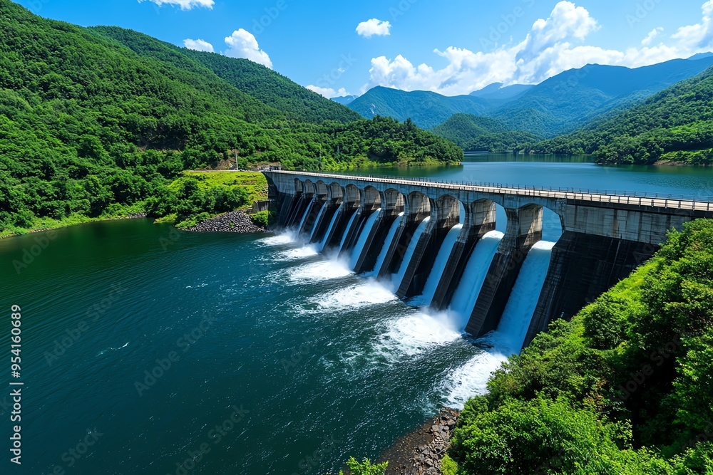 Poster clean energy and hydropower efficiency are captured in a realistic photo of a dam surrounded by lush