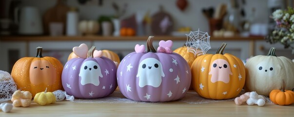 Obraz premium a pink, purple, orange, and white painted pumpkin with a ghost face, hearts, and stars drawn on it in pastel colors. fun Halloween themed party decorations