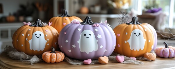 Obraz premium a pink, purple, orange, and white painted pumpkin with a ghost face, hearts, and stars drawn on it in pastel colors. fun Halloween themed party decorations