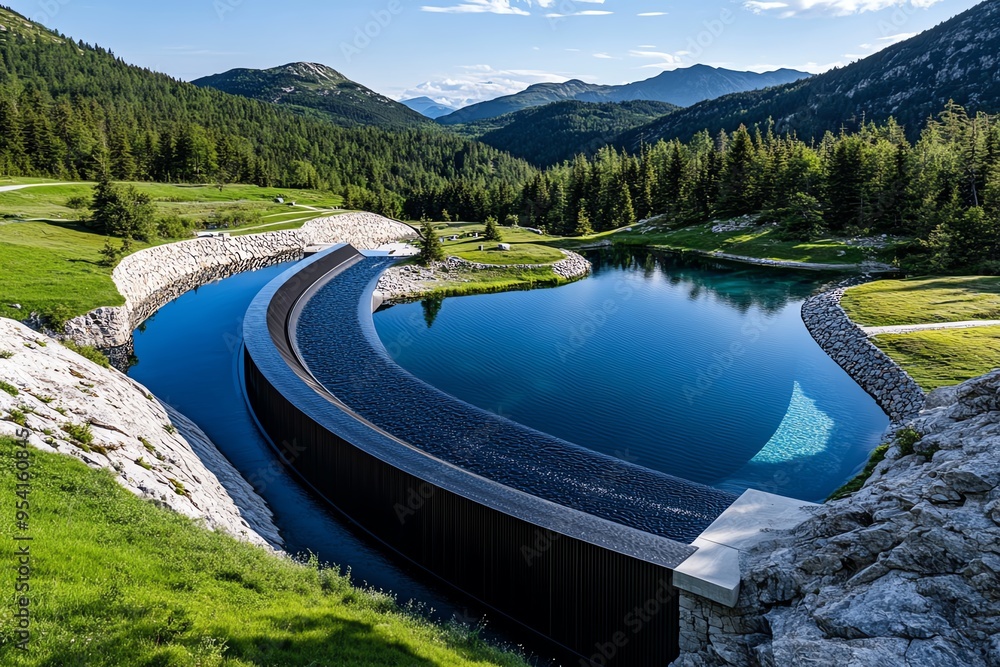 Poster Cost-effective hydropower and efficient performance are captured in a minimalist design of a dam with sleek, modern lines