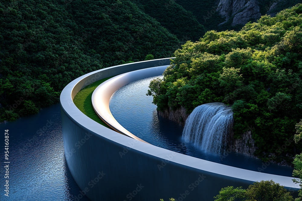 Poster Cost-effective hydropower and energy efficiency are highlighted in a minimalist design of a streamlined dam