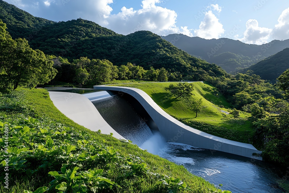 Aufkleber cost-effective hydropower and energy efficiency are highlighted in a minimalist design of a streamli