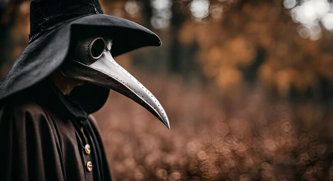 scary spooky plague doctor on haunted forest background