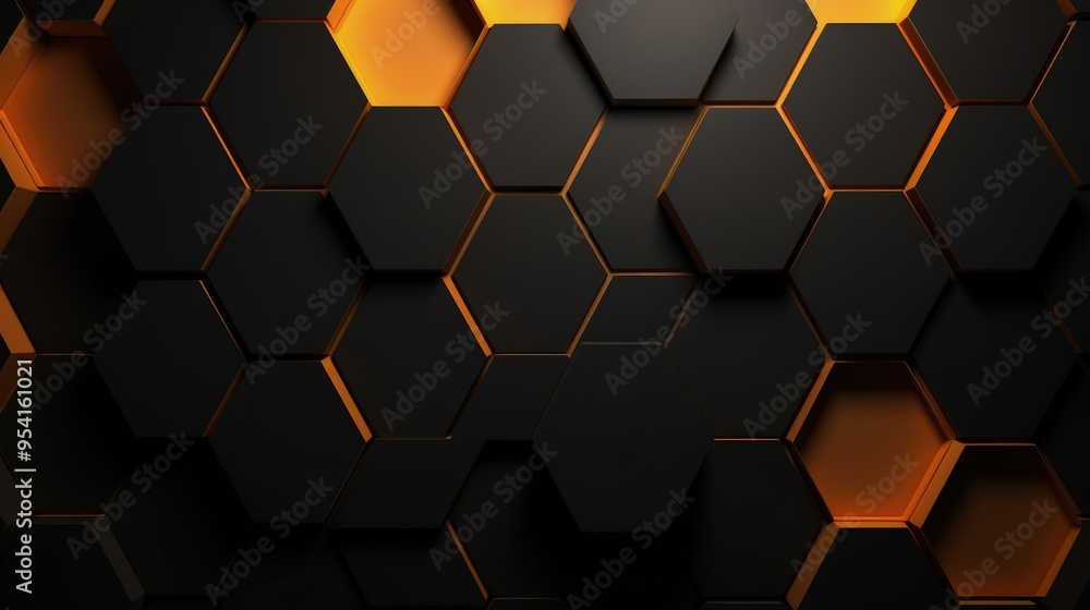 Poster a textured pattern of hexagonal shapes in black and orange hues.