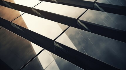 Abstract view of reflective surfaces creating geometric patterns and light interplay.
