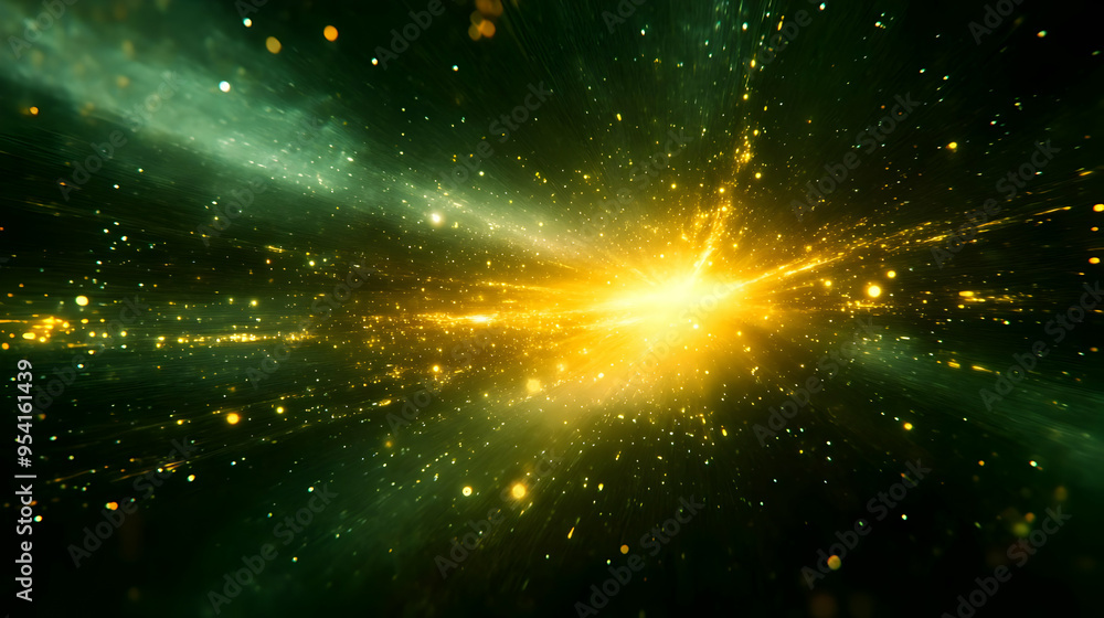Poster abstract cosmic background with a bright golden light source in the center and green nebulae in the 