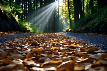 Enchanting Autumn Brown, Sunlight, and Forest Path visualized in a forest path where the brown leaves crunch underfoot, and the sunlight streams through the canopy, illuminating the way