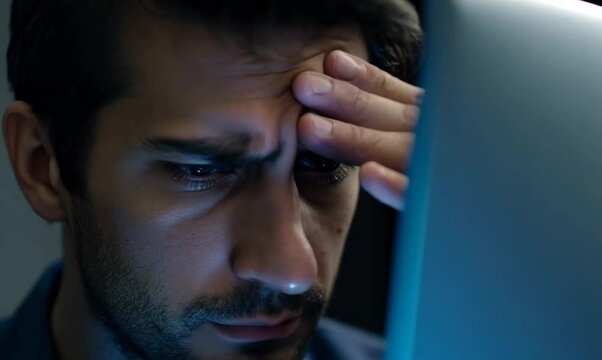Exhausted British Man Struggling at Work on Laptop