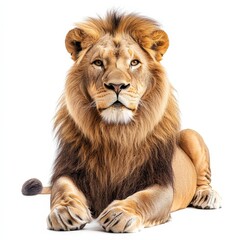 A lion is laying down on a white background