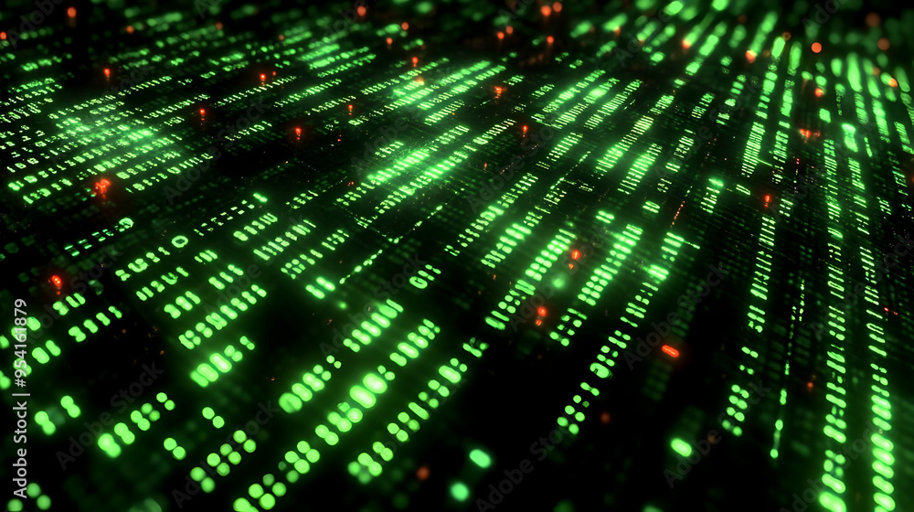Aufkleber abstract digital code with glowing green lines and red dots on black background.
